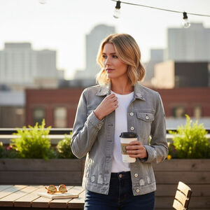 Jessica Simpson Reagan Relaxed Distressed Grey Gray Denim Jacket Coat MEDIUM